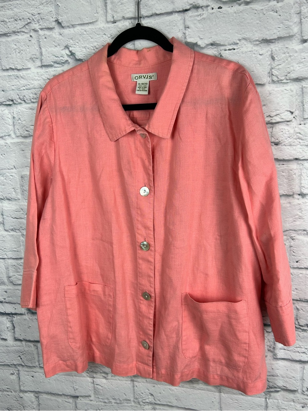 Orvis Women’s XL 100% Linen Jacket Coral Pink Button Front Pockets 3/4 Sleeve